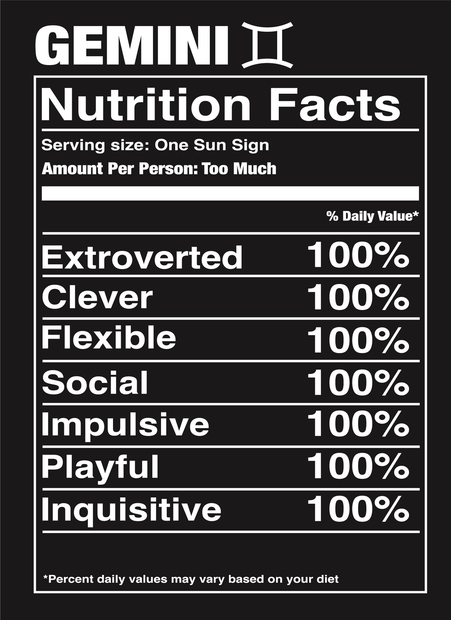 Black Gemini Nutrition Label T-Shirt