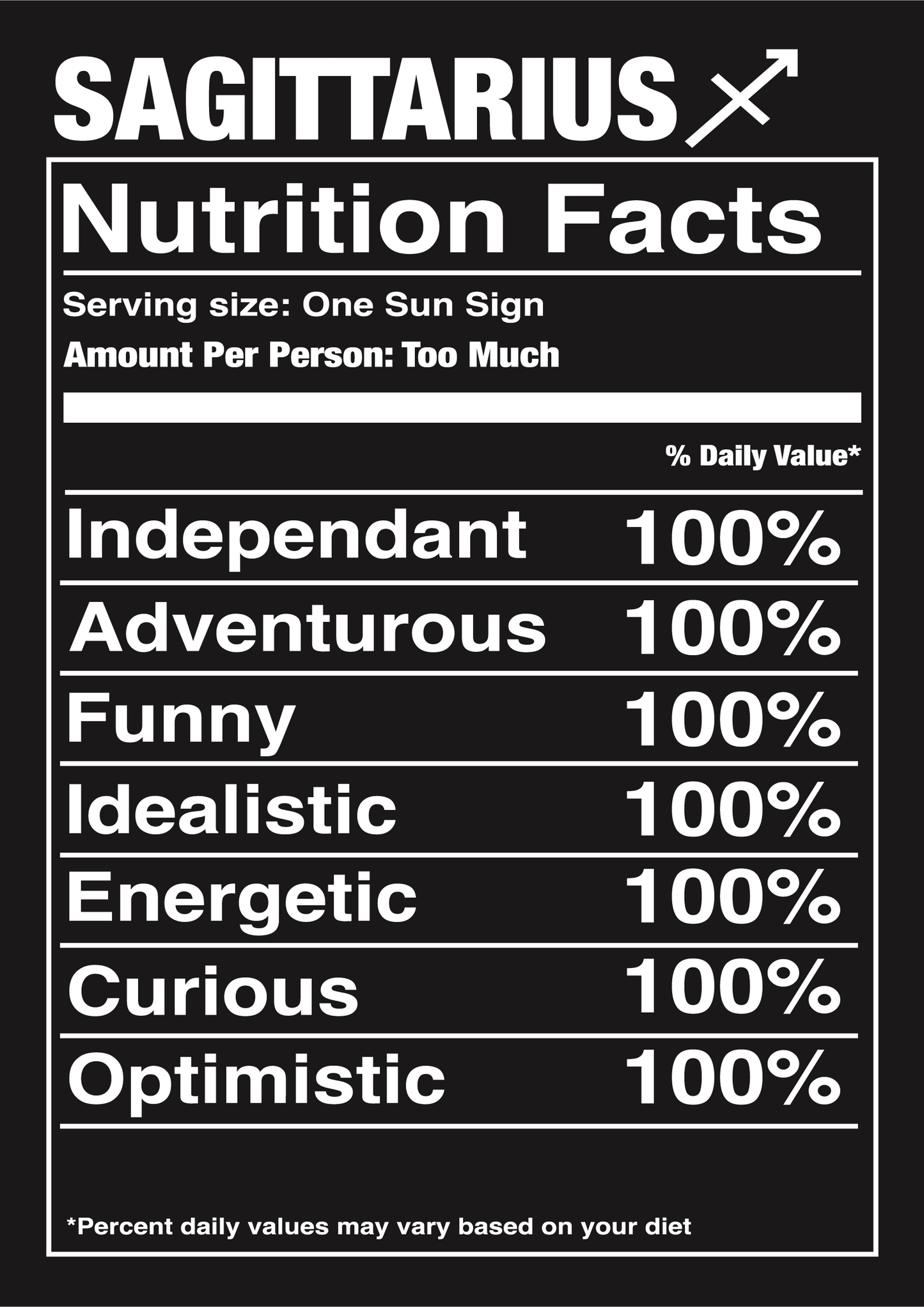 Black Sagittarius Nutrition Label T-Shirt