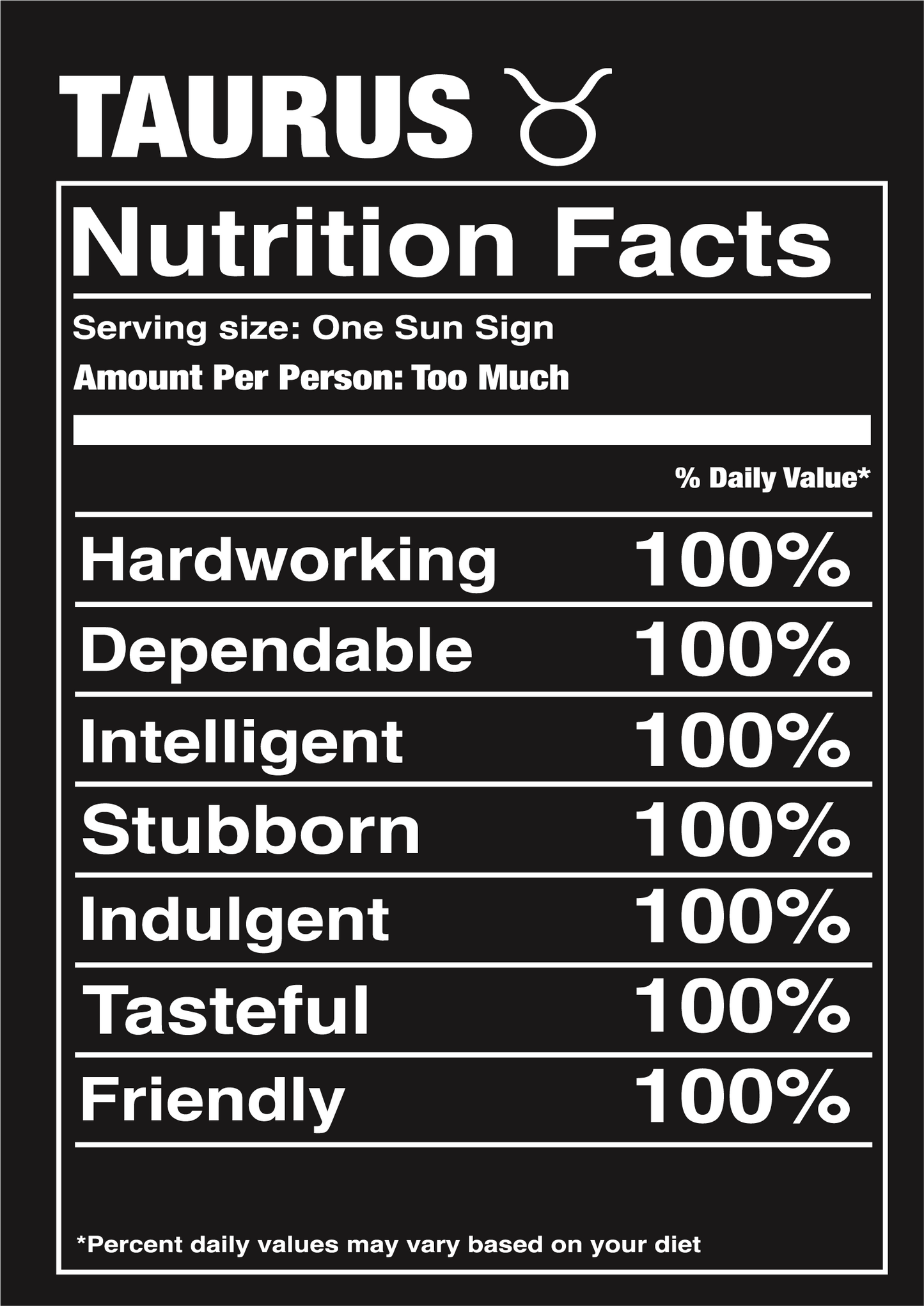 Black Taurus Nutrition Label T-Shirt