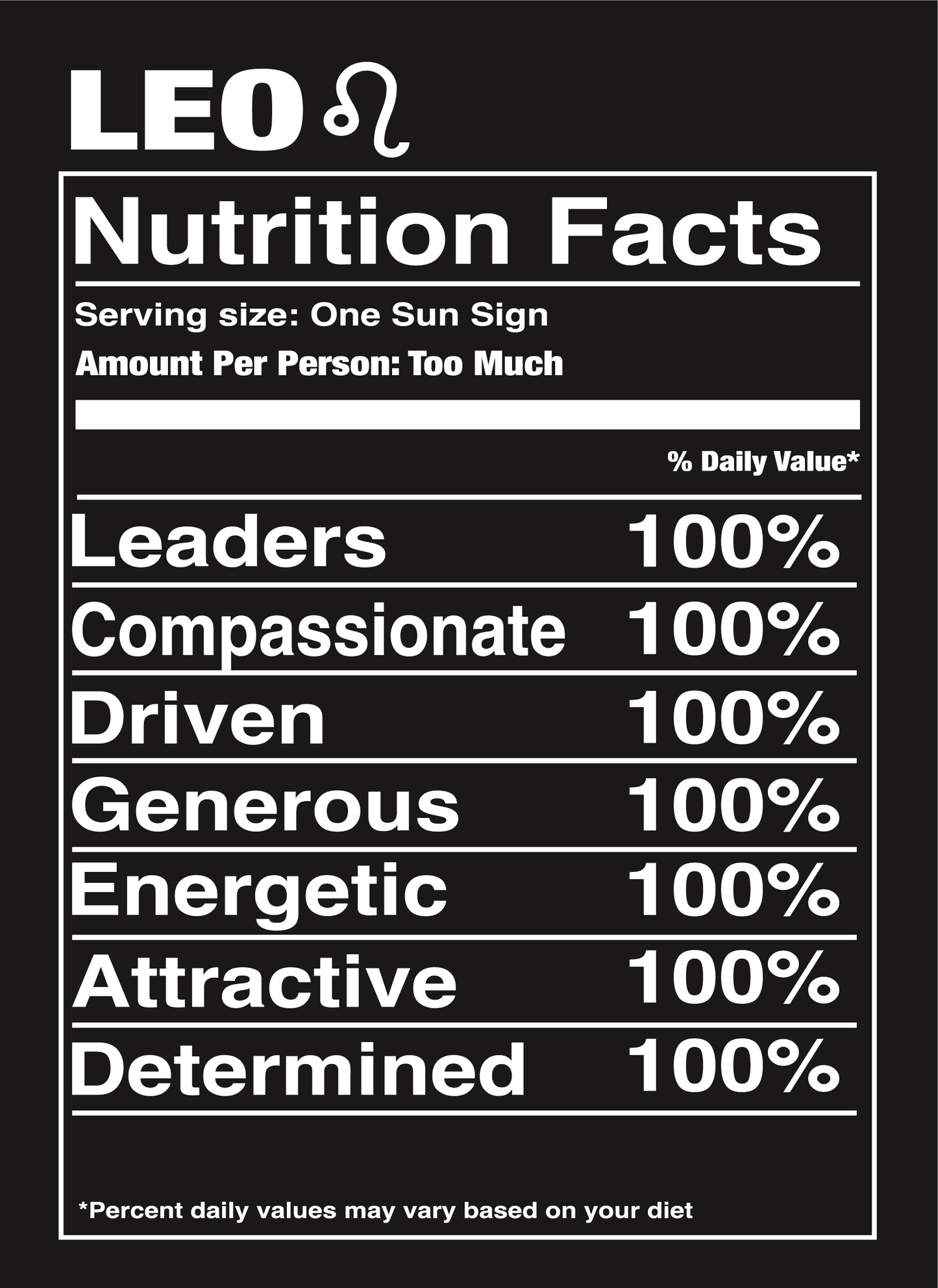 Black Leo Nutrition Label T-Shirt