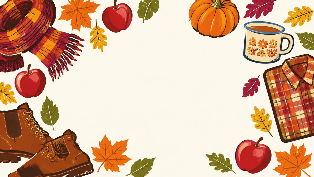 Flat-lay fall festival essentials with autumn leaves, apples, pumpkins, boots, a knit scarf, and a plaid flannel