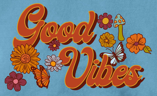 Retro Good Vibes graphic in bright orange, yellow, blue, and pink