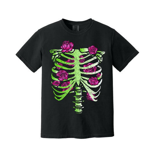Black Neon Rose Ribcage T-Shirt
