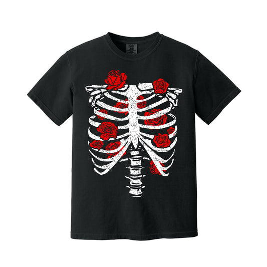 Black Red Rose Ribcage T-Shirt