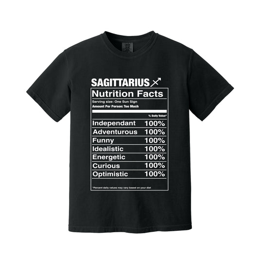 Black Sagittarius Nutrition Facts graphic T-shirt from Spirit+Life
