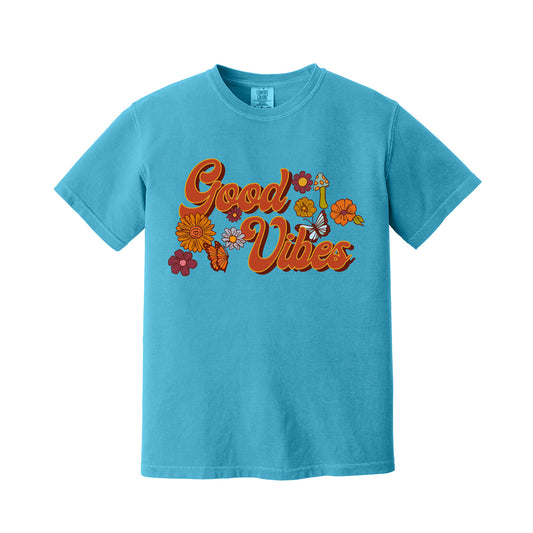 Sapphire Good Vibes T-shirt with colorful retro graphic
